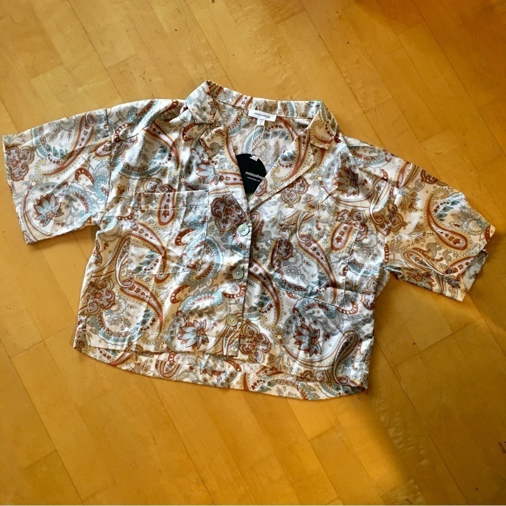 mittoshop Paisley Short Sleeve Sleep Top, Cream, Brown, Size S